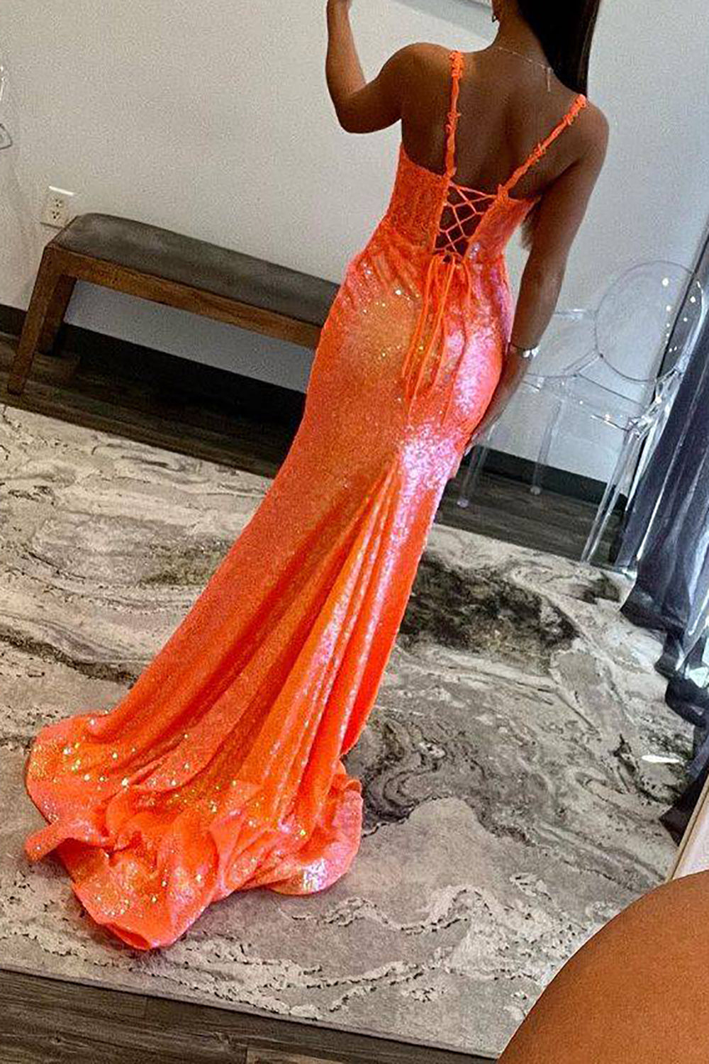 Weitese Gorgeous Mermaid Spaghetti Straps Orange Sequins Long Prom Dress with Appliques